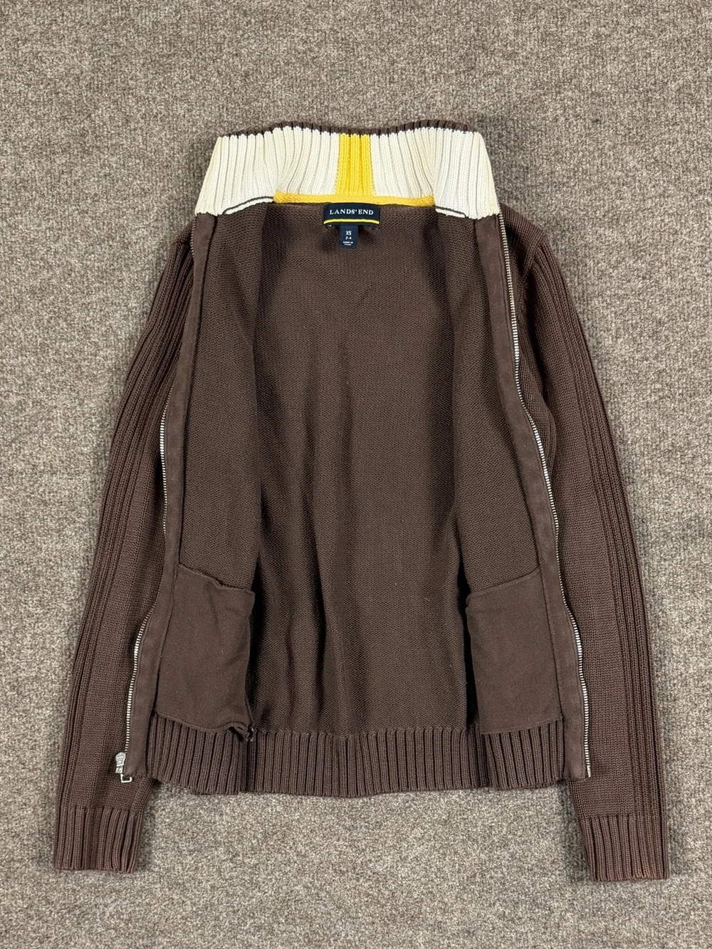Lands End Brown High Neck Full Zip Ribbed Cardigan Sweater Women’s XS Cotton Y2K